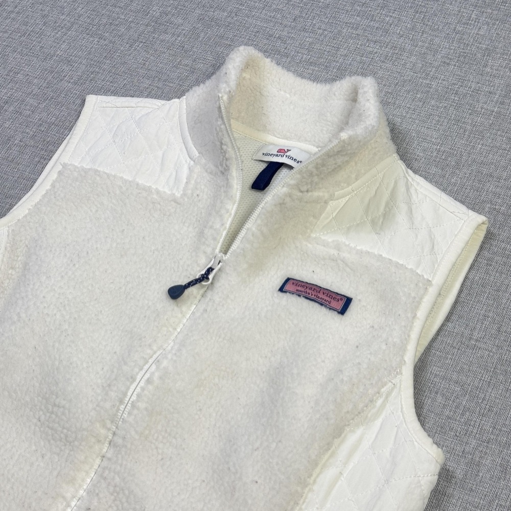 Vineyard Vines Fleece Vest Womens XXS‎ White Sherpa Full Zip Pockets Logo